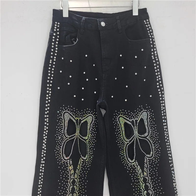ANJY otoño nuevas mujeres High Street Jeans bordado ahuecado tachonado diamantes versátil Casual elegante pantalones vaqueros de moda A9137