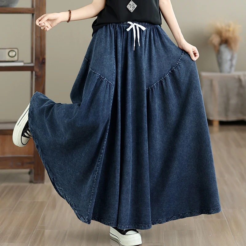 High Waist Cotton plus Size Denim Skirt Retro All Seasons High Density Women's Skirt Elastic Loose Meat Concealing Half Skirt