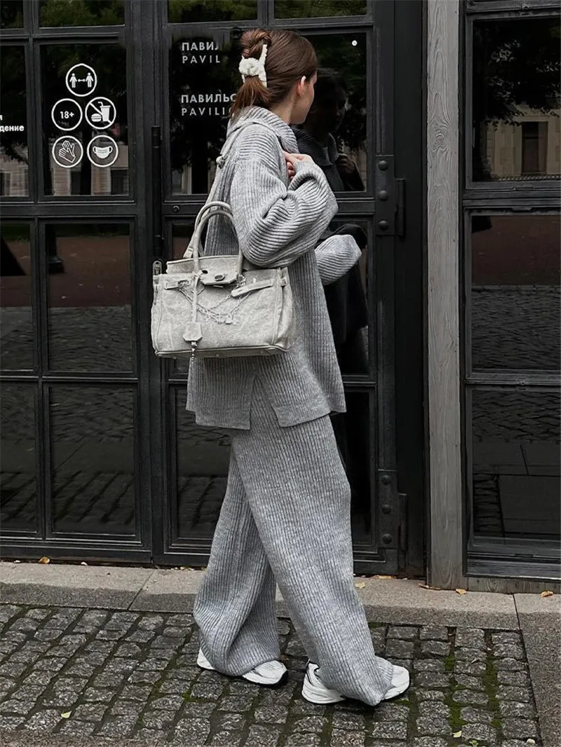 Solid Knitted Loose Wide Leg Pants Sets Autumn Turndown Collar Long Sleeve Zipper Sweater Streetwear Fashion Casual 2 Piece Set