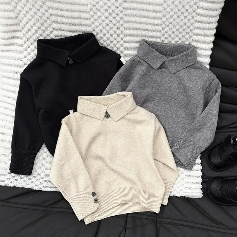 2026 Autumn New Baby Casual Knitwear Boys Preppy Style Polo Collar Sweater Solid Infant Toddler Fashion Lapel Knitted Tops