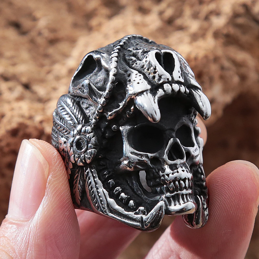 Gothic Stainless Steel Skull Ring For Men Punk Hip Hop Lndia Jaguar Warrior Skull Men Ring Biker Fashion Jewelry Gift Wholesale