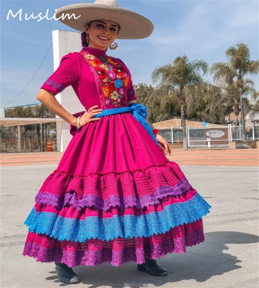 Spanish Escaramuza Mexico Prom Dress Fuchsia Traditional Mariachi Ruffles Lace Folklorico Dancer Evening Jalisco Gown Customized