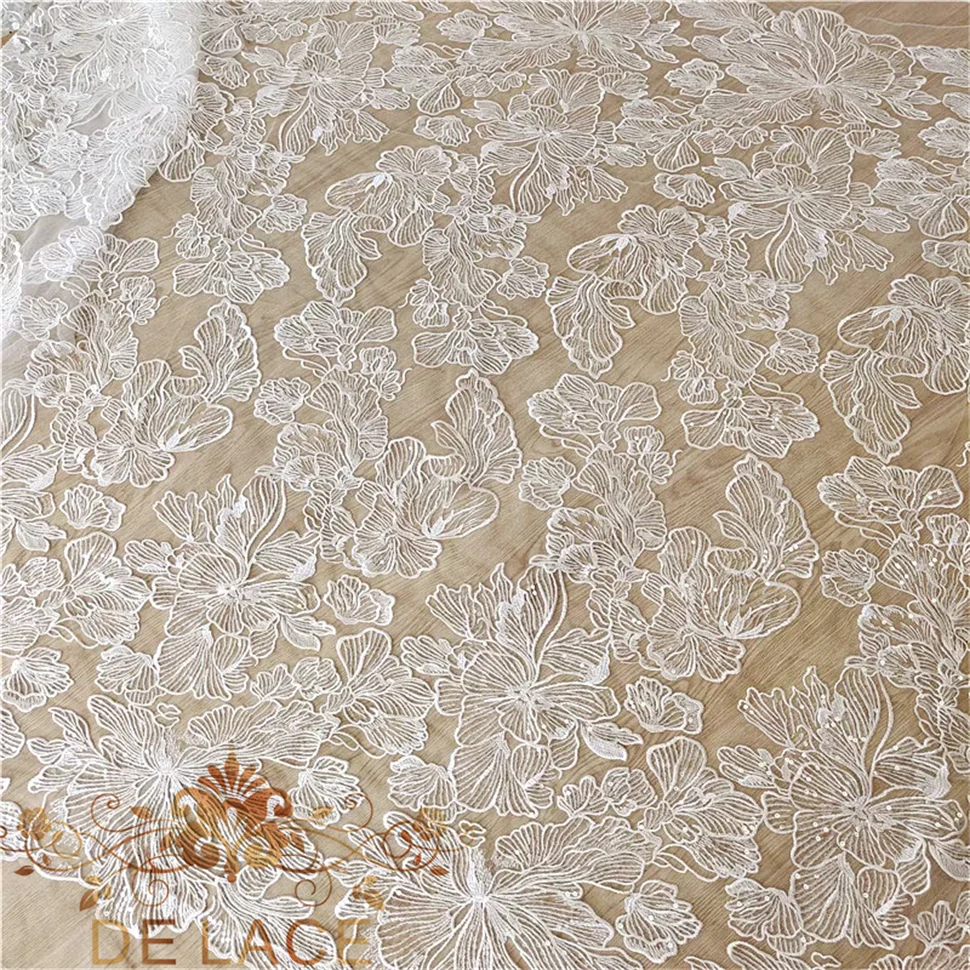 

JZQ High Quality Beautiful Flower Lace With Sequins Embroidered Lace With Corded Wedding Dress Flower Pattern Lace