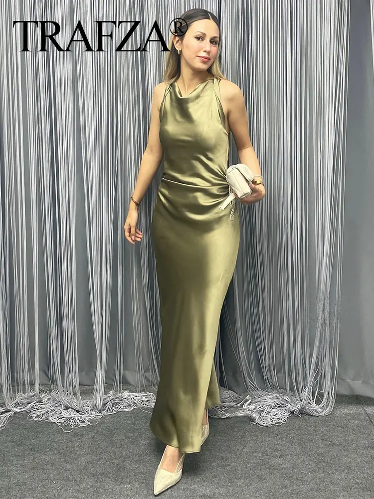 TRAFZA abito estivo per donna 2024 raso di seta strutturato o-collo senza maniche vita pieghettato abiti lunghi Slim abito elegante Vestidos