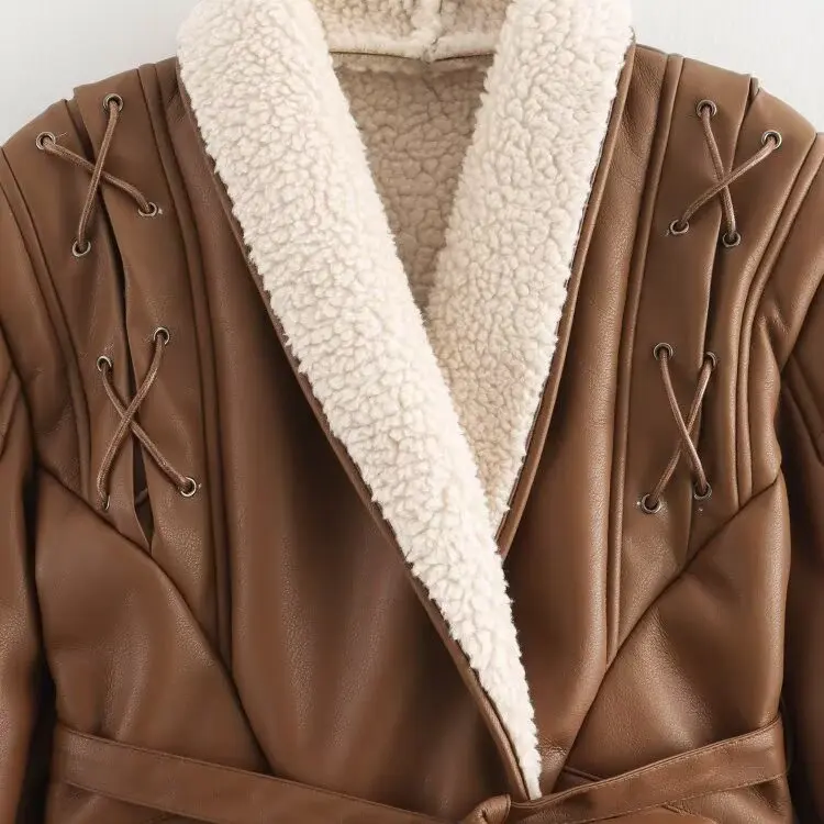 JNLEAOG خريف جديد للمرأة Faion غير النظامية مربوط الدفء الجلود الفراء ملابس خارجية متكاملة Jaet الوقوف البوليستر #2