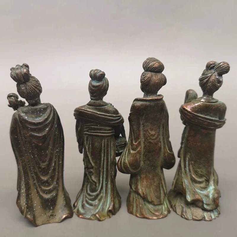 Antique Collectible: A Set of Four Beautiful Women in Bronze for Home Living Room Decoration, Brass Female Figure Ornament Craft
