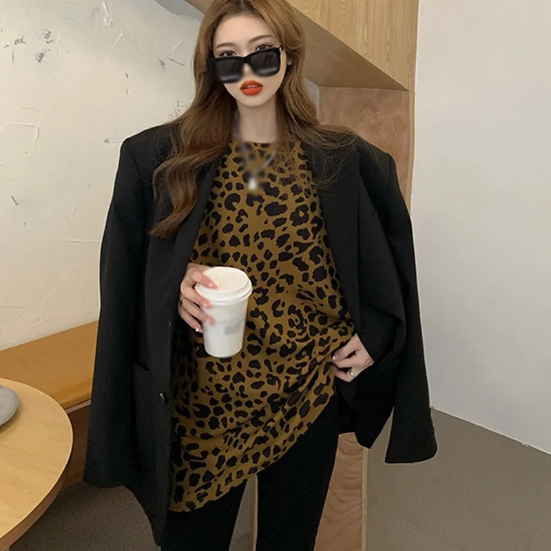 Fashion Leopard Print Short-sleeved T-shirt Women Loose Bottoming Shirt Casual Round Collar Tee Tops