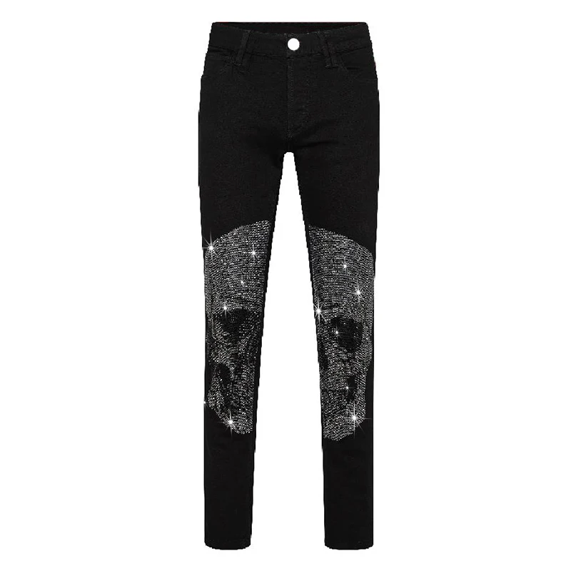 New Men\'s Stretchy Hole Black Jeans Skinny Slim Fit Punk Streetwear Biker Trousers Man Rhinestone Red Letter Denim Pencil Pants