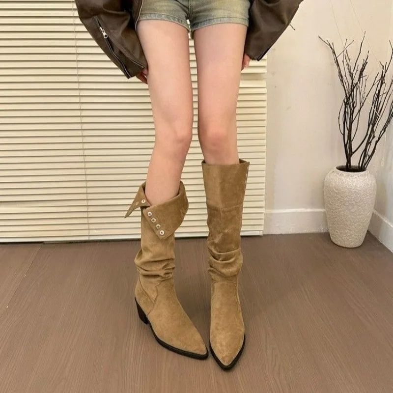 Aliexpress Women's Round Toe Double Wear Pleated Boot New Mid Heel Retro Knee High Rider Boot Western Cowboy Boot Vintage Style Wrap Around - Aliexpress Deal