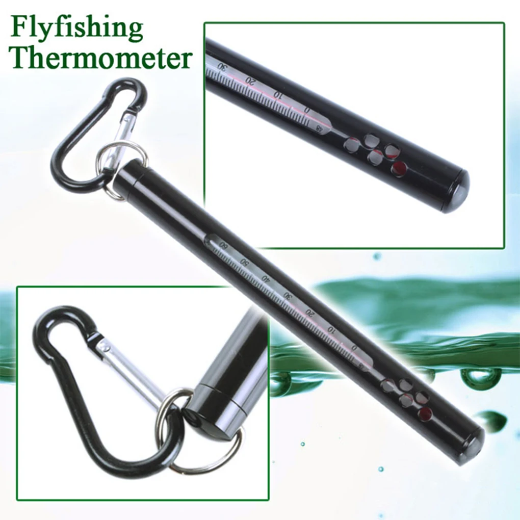 Fly Fishing Thermometer Stream Rivers Temperature Measurement with Carabiner Portable Pocket Fish Tools Accessories Black