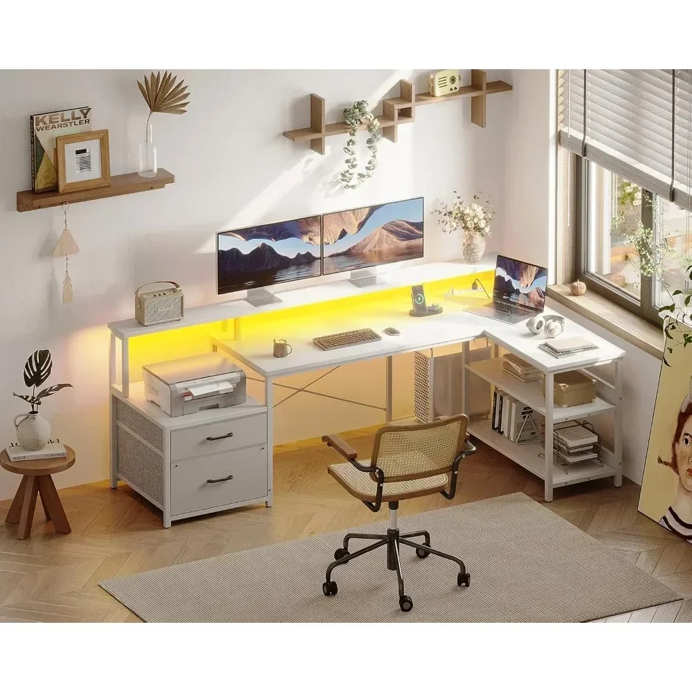 

L Shaped Desk with File Drawer, 75" Reversible L Shaped Computer Desk with Power Outlet & LED Strip, Home Office Desk with S