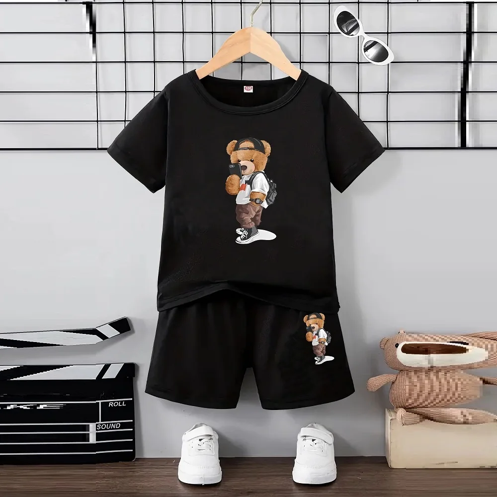 Summer Baby Girl Clothes Set Children Boy Bear Print Short Sleeve Tshirts and Shorts 2pc Suit Kid Top Buttom Outfits Tracksuits