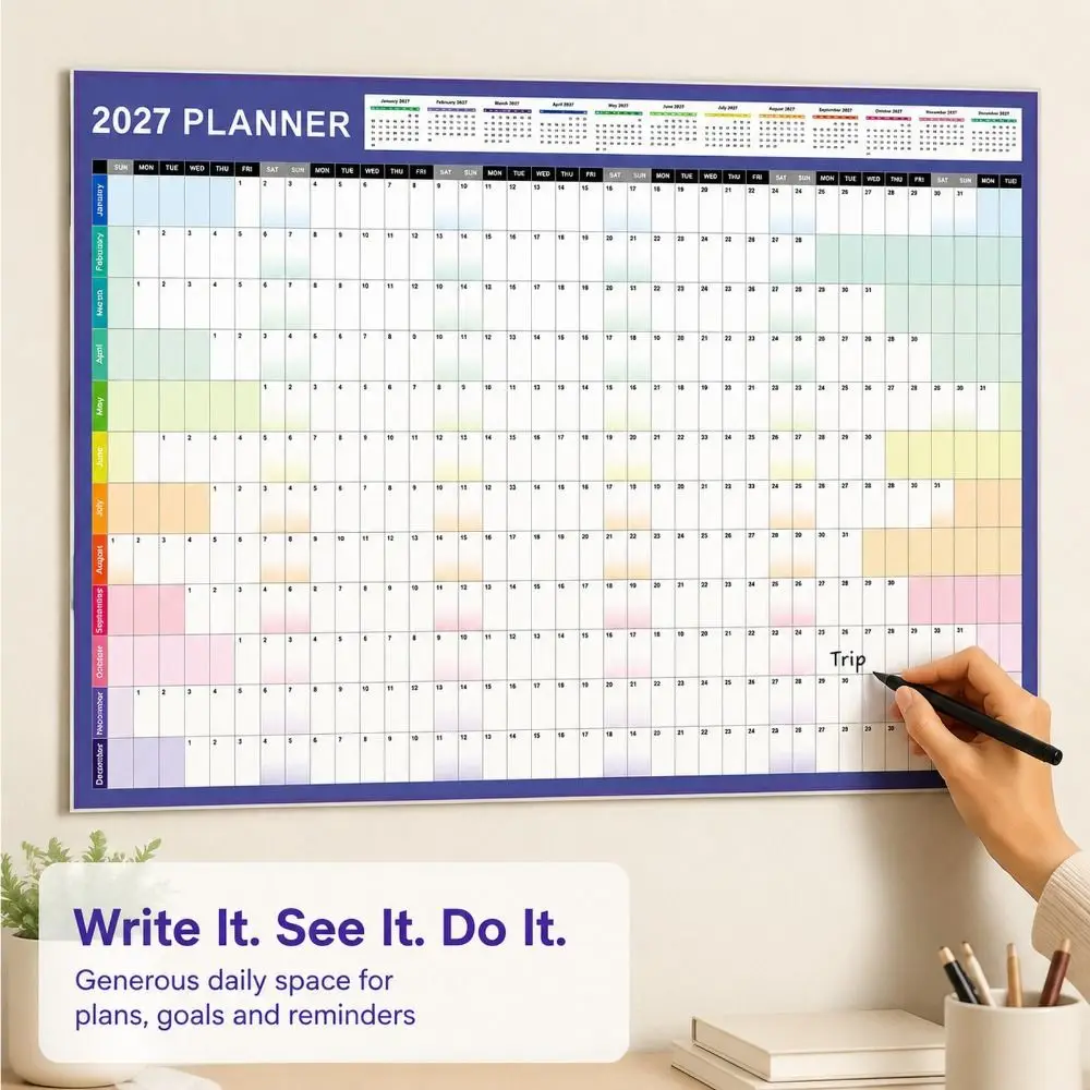 Paper 2027 Wall Calendar Writable Planning Grid Multicolor Layout 2027 Yearly Planner Agenda Organizer To Do List Schedule