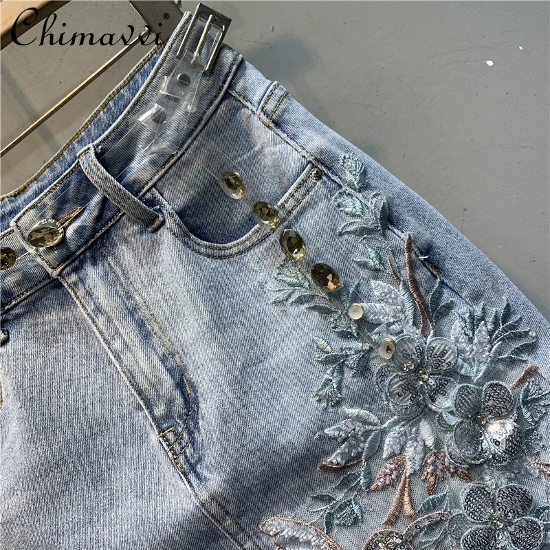 Original 2024 Summer Clothes New Heavy Embroidery Flower Denim Skirt Fashion Retro Light Blue Split Streetwear Women's Skirt