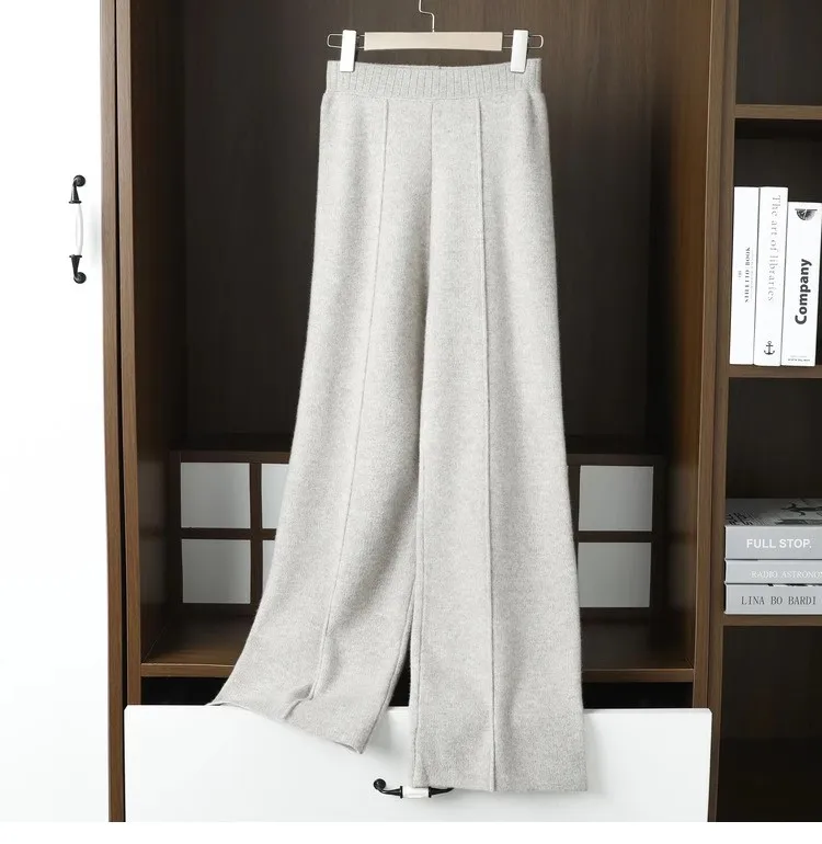 2024 Wide-Leg Pants Women's Mid-Stitching Modified Leg Shape Loose Slimming Knitted High Waist Pants Solid Color Trousers Women
