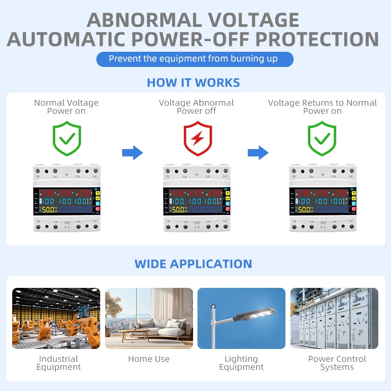 Tuya WiFi 3 Phase Smart Voltage Protector AC230V Adjustable Over/Under Voltage Overcurrent Leakage Protector App Remote Control