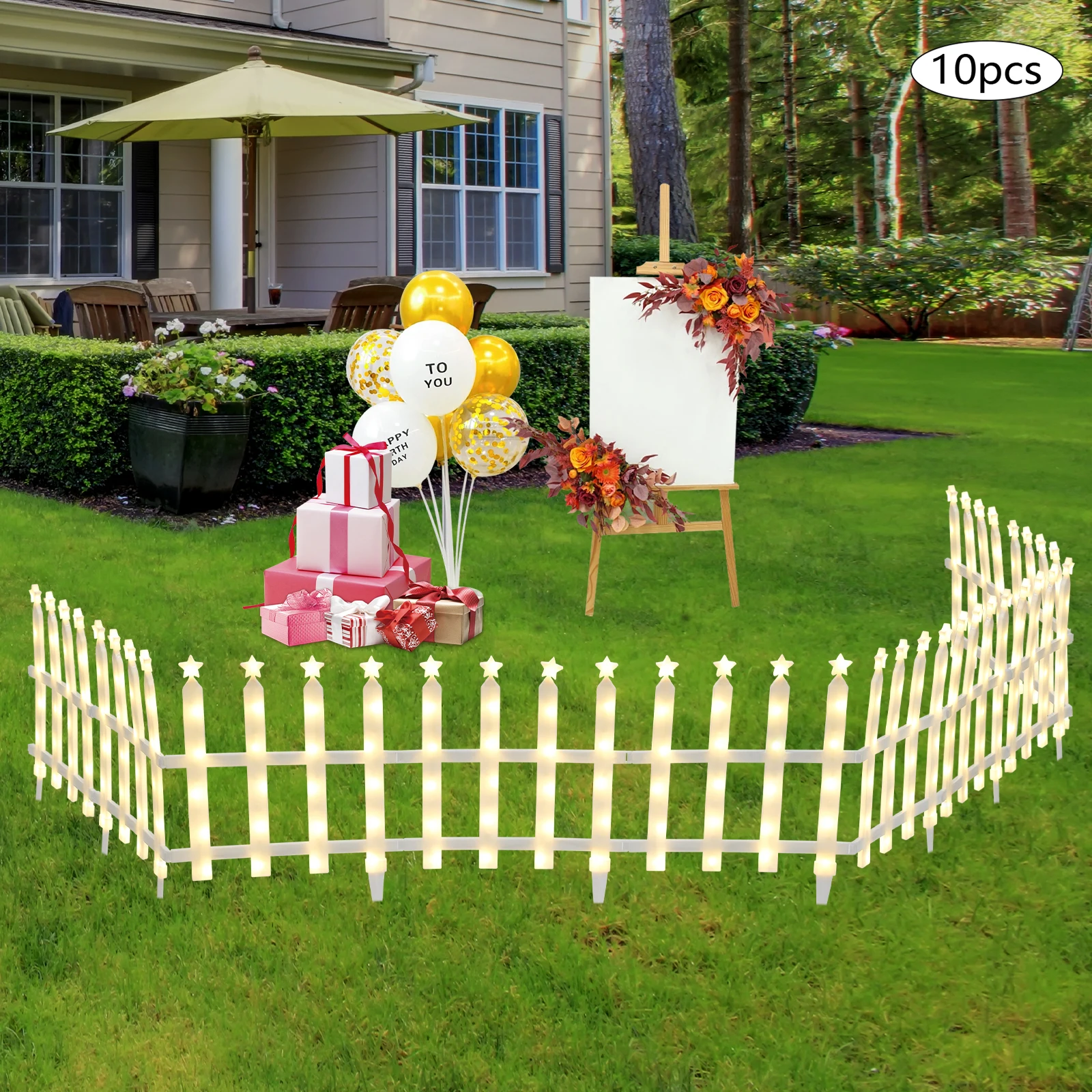 

10Pcs Fence Atmosphere Lights - Warm White Flat Star String Lights for Garden Fence, 38cm/PC, Waterproof Outdoor Decor