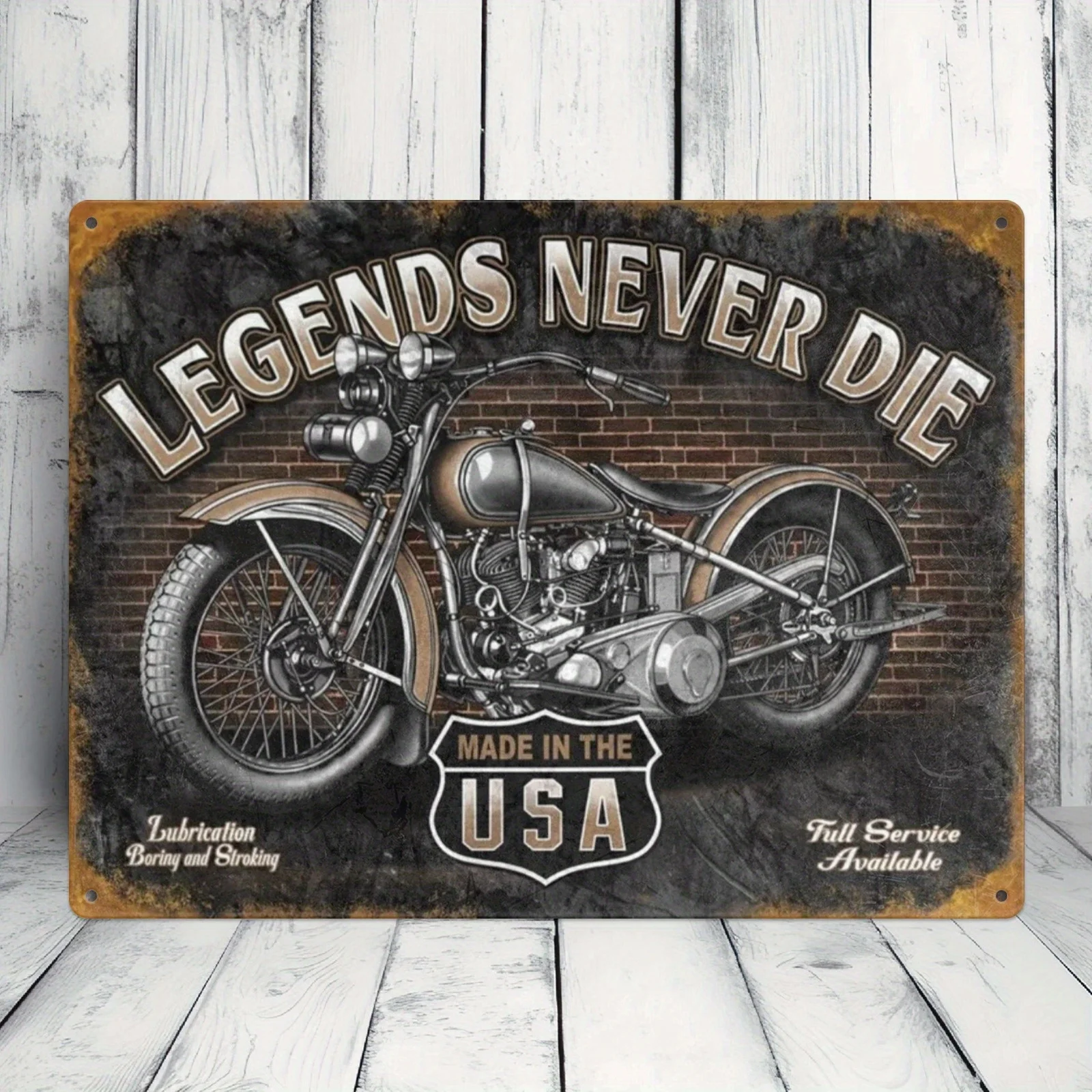 /, Pintura de estaño vintage para motocicleta, les leyendas nunca muere hechas en EE. UU., carteles de metal, letreros de garaje retro para hombres Wa