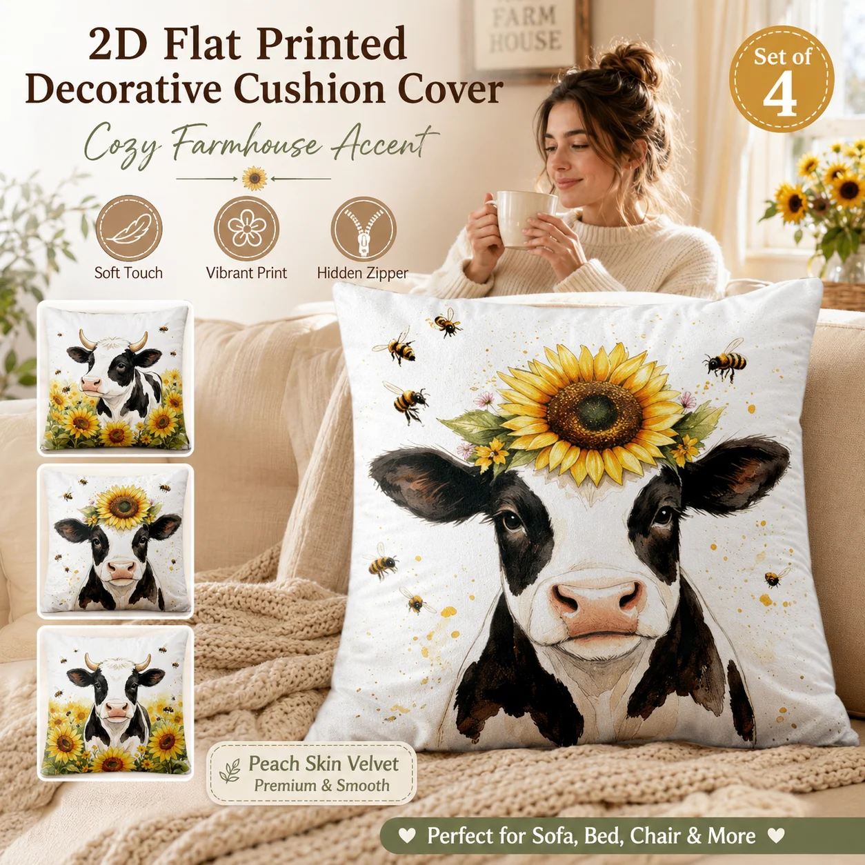 

Farmhouse Cow Sunflower Cushion Covers 4PCS Set 2D Flat Printed Peach Skin Pillow Covers Coussin Room Decor For Sofa