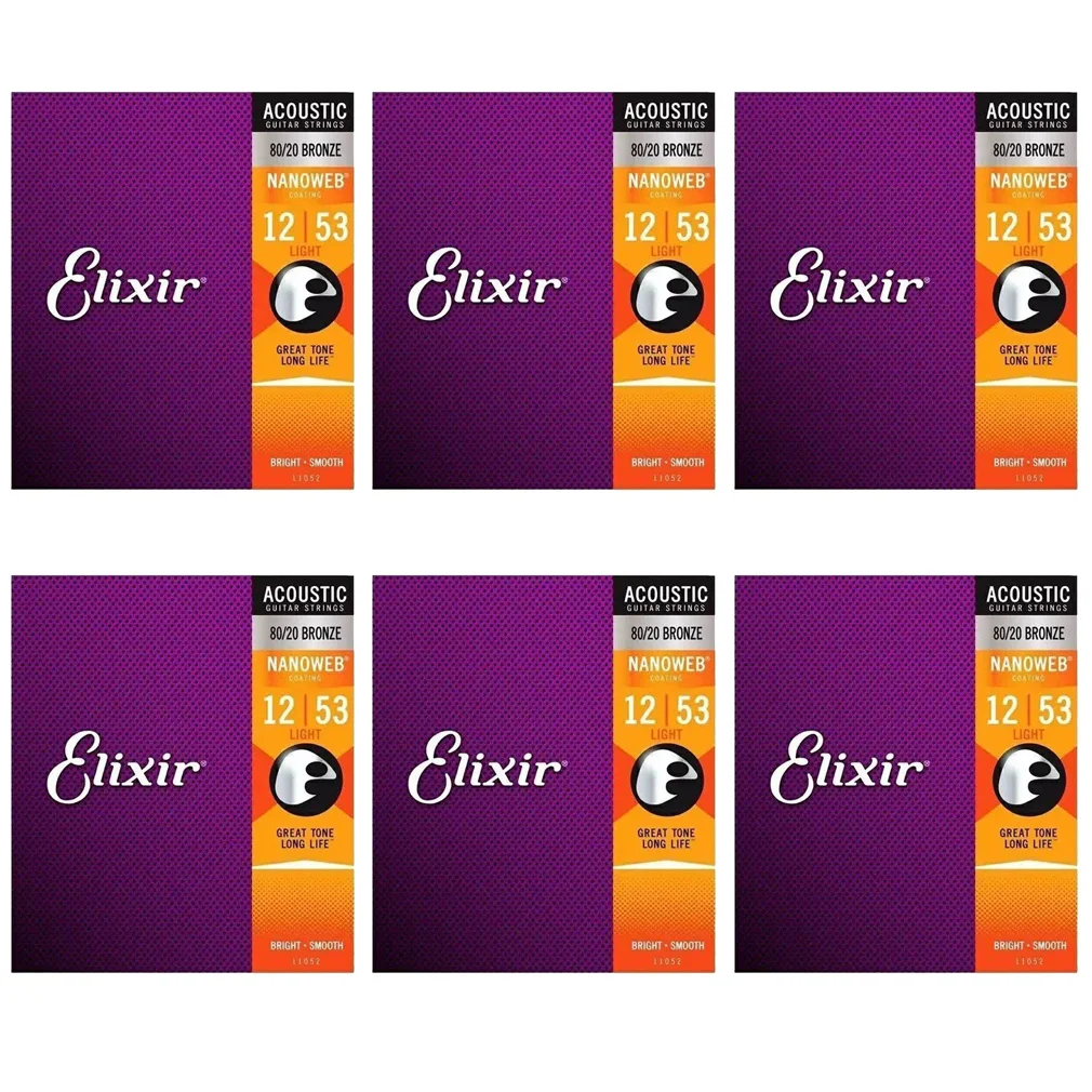 6 Pcs/set Elixir Acoustic Guitar Strings 0.10 Coating 80/20 Bronze NANOWEB Coating Custom Light 011-052 11027 11052 16002 16027