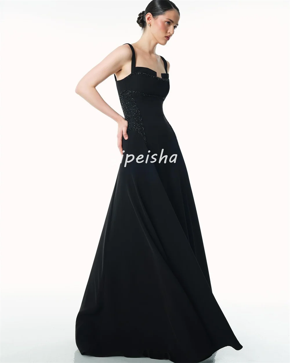 Personnalisé formel exquis Jersey perles paillettes a-ligne col carré robes longues sur mesure Occasion robes tailles disponibles