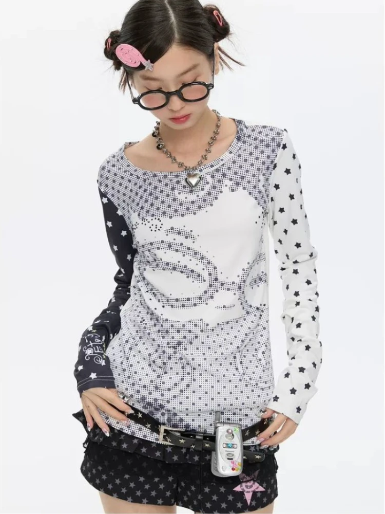 HOUZHOU Y2k Vintage Anime Juminocore Women T-Shirts Polka Dot Long Sleeve Japanese Harajuku Fashion Slim Tees Subculture Gyaru view 2