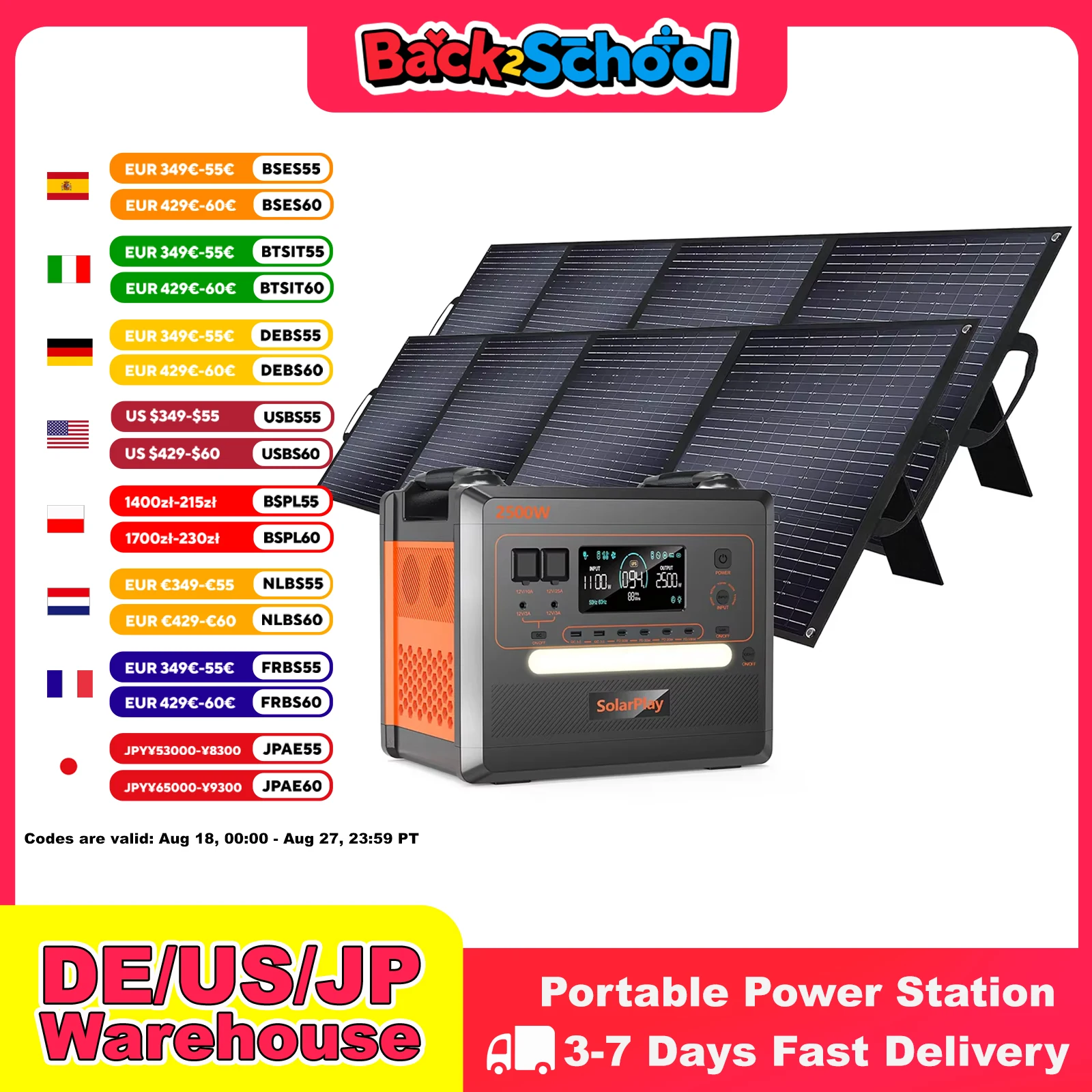 SOLARPLAY Q2402M Generatore solare 2500W 220V Centrale elettrica UE con batteria a pannello solare pieghevole 18V 200W Kit completo Set sistema