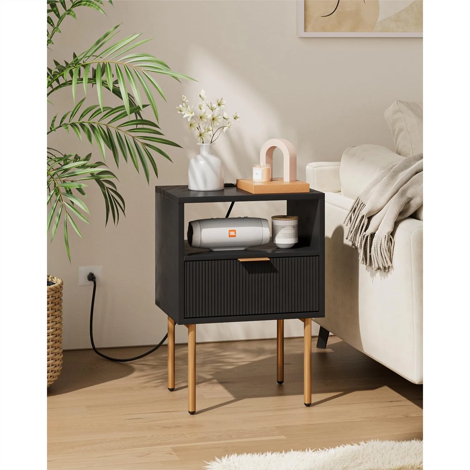 

Nightstand with Charging Station, Small Side Table with Drawers, Modern Bedside Table for Bedroom, Black
