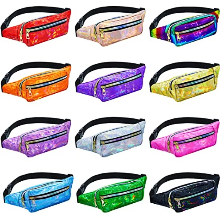 

12 Pieces Holographic Fanny Packs for Women 12 Metallic Color Sport Waistbags with 2 Pouches 80s Rave Shiny Waist Pack with Adj