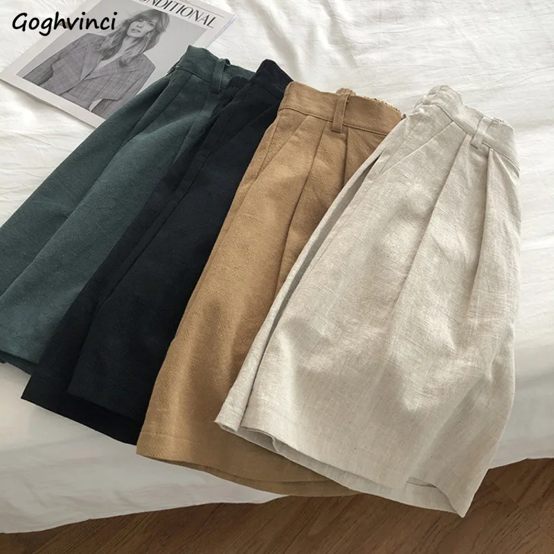 Retro Solid Shorts Women Summer Cotton Linen Folds Design High Elastic Waist Pockets Single Button Wide Leg Loose Slim All-match