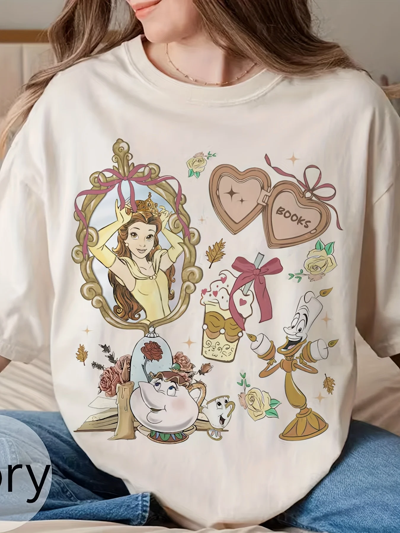 

Женская футболка «Красавица и чудовище Белль». Всесезонная хлопковая уличная одежда с короткими рукавами и персонажем Belle.