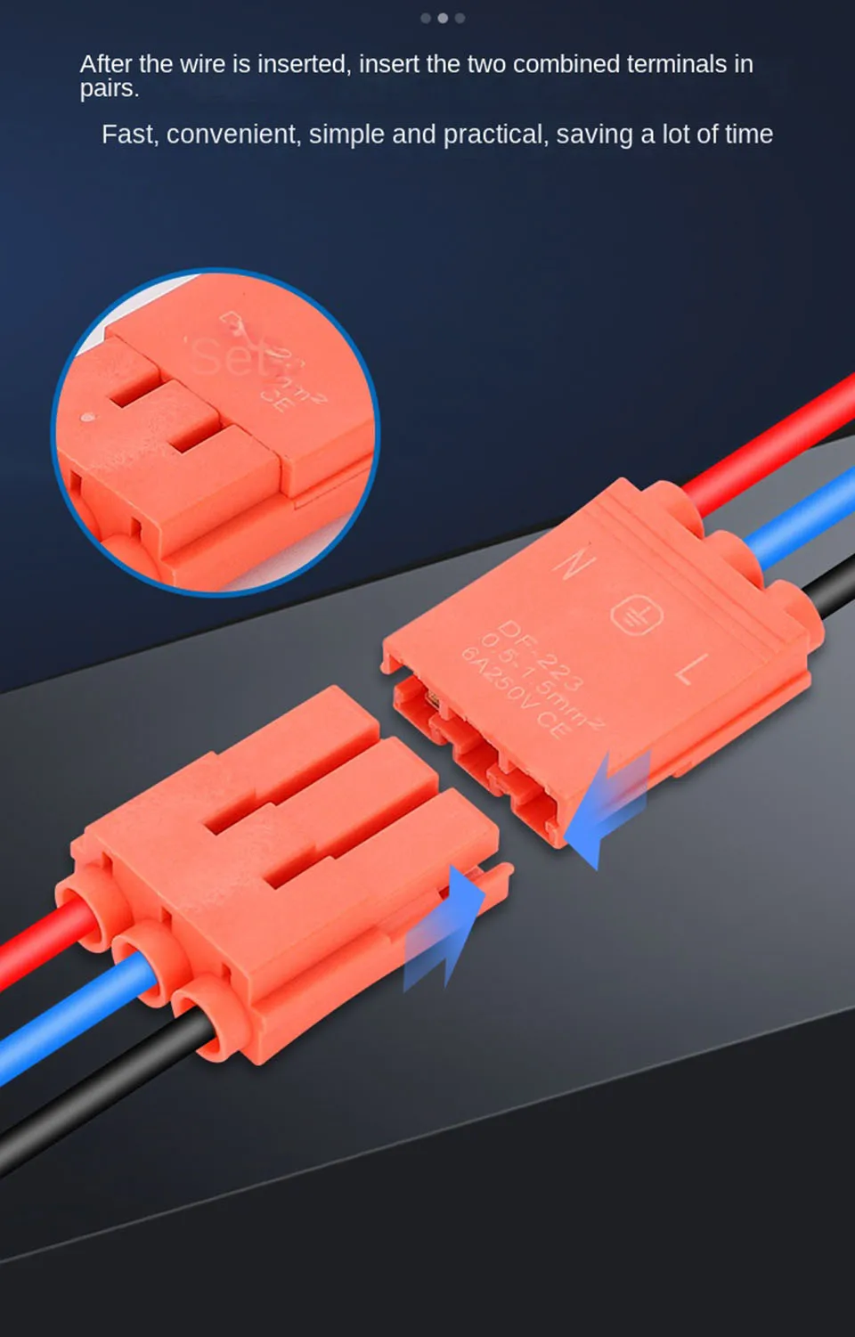 Beleuchtungskomponenten Schnellverbindungsklemmen DF-222/223 Hartdraht-Verbindungsstecker 2/3-polig Elektrischer Steckverbinder Kompakter Push-in-Anschluss – Detail 2