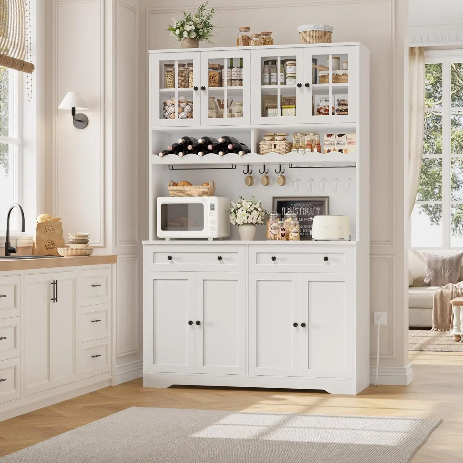

75.4" Tall Kitchen Pantry Cabinet with Charging Station, Modern White Kitchen Hutch with Microwave Stand and Wine Racks, Large F