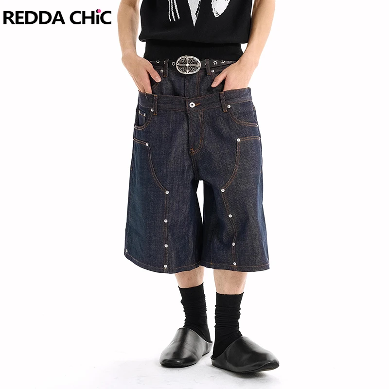 

REDDACHiC Dual-Waist Men's Cargo Jean Shorts Studs Patch Low Rise Wide Leg Casual Bermuda Short Pants Lumberjack Summer Bottoms