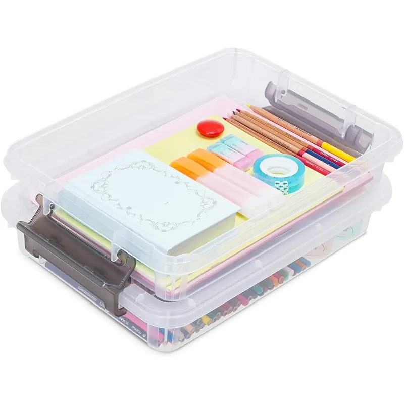 

2 PCS Plastic Storage Bins with Removable Tray Portable Craft Storage Box with Snap Clip Stackable Plastic Compartment Organizer