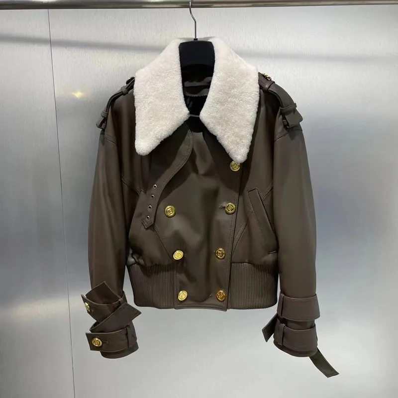 Women Coat Winter And Autumn 2023 New Genuine Leather Jacket Turn-Down Collar Clothes Real Sheep Fur Collar Double Breasted