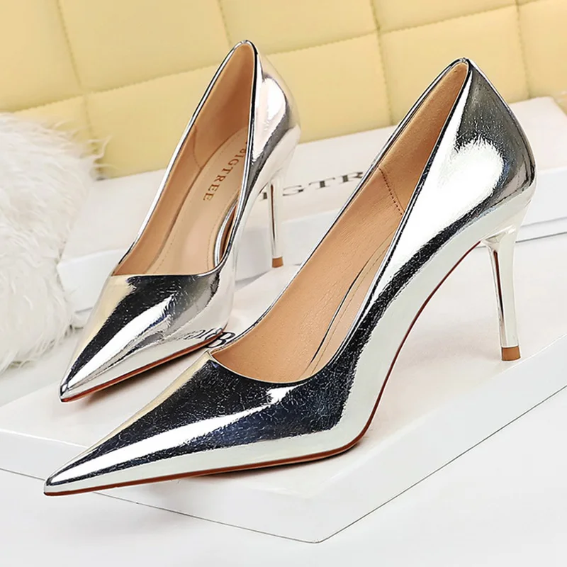 Women 8.5cm High Heels Gold Silver Pumps Glossy Bling Leather Wedding Bridal Stiletto Sexy Heels Lady Scarpins Event Party Shoes