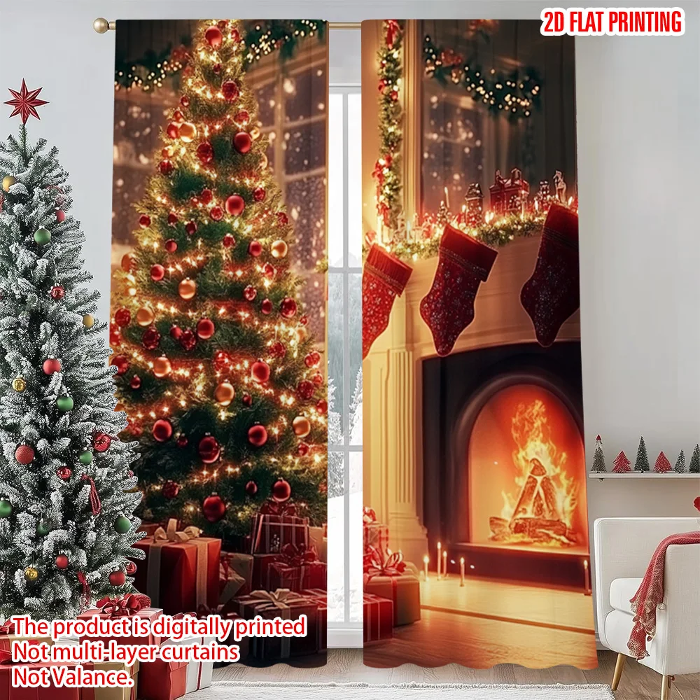 

2pcs 2D flat printing Christmas Drapes Christmas tree fireplace Versatile Fabric Without Electricity Spring Perfect for gold