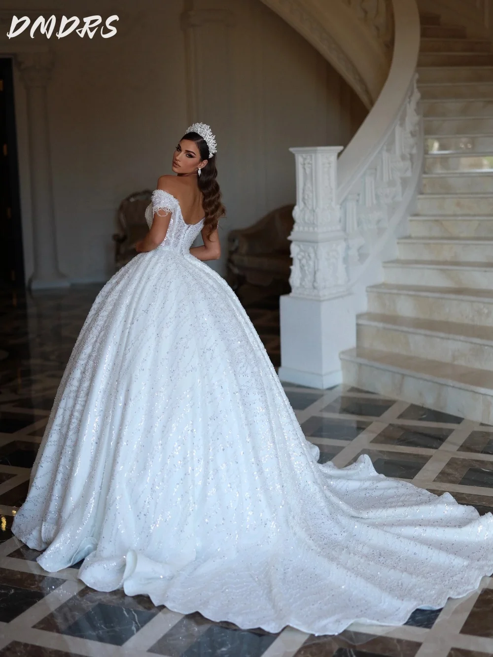 Sexy Off-shoulder Wedding Dress 2025 Charming Lace Bridal Gown Formal Round Neck Sequined Floor-length Gown Customized