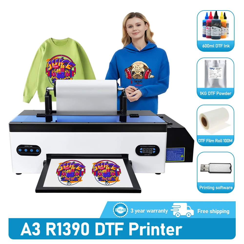 

DTF Printer A3 R1390 T-shirt Printing Machine with 33cm Roll Holder DTF Transfer Printer with White Ink Circulate A3 DTF Printer