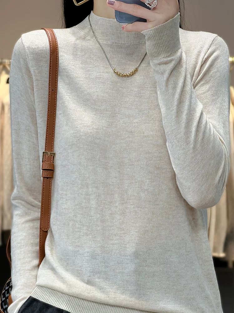 

Осенне-зимний женский свитер с высоким воротником из шерстяной пряжи, свободный, теплый, однотонный, базовый слой