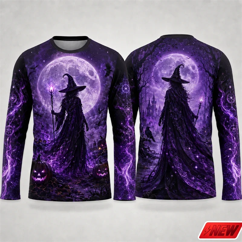 Men's Blue Moon Witch Long Sleeve Tee Halloween Castle Crow Pumpkin Graphic Crew Neck Night Fantasy Casual Party Streetwear Tops