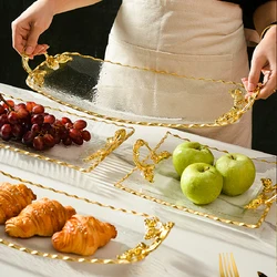 Gold-rimmed Glass Plates, Luxury Fruit Plates, Snacks, Cakes, Snacks, Bread Tray, Binaural Glass Plates, Rectangular Trays