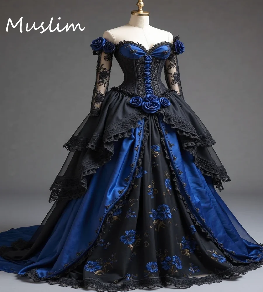 

Historical Black With Blue Gothic Prom Dress Vintage Medieval Victorian Evening Dress Tudor Celtic Renaissance Party Customized