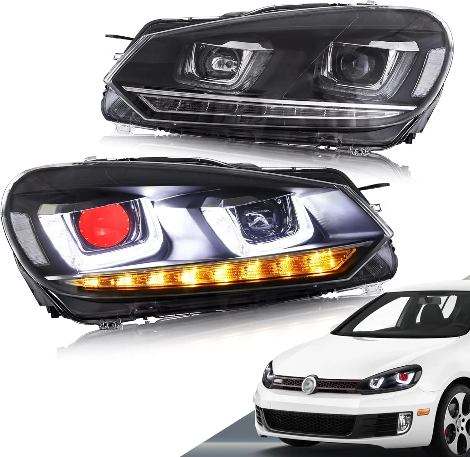 

LED Dual Beam Projector Headlights Compatible For Golf 6/MK6 2010-2014 with Sequential Turn Signal(Demon Eye Style), D2H HID w/B
