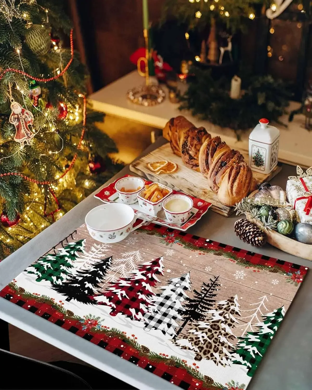 Christmas Tree Red Plaid Snowflakes Linen Placemats Dining Decor Washable Winter Placemats Dining Table Christmas Decorations