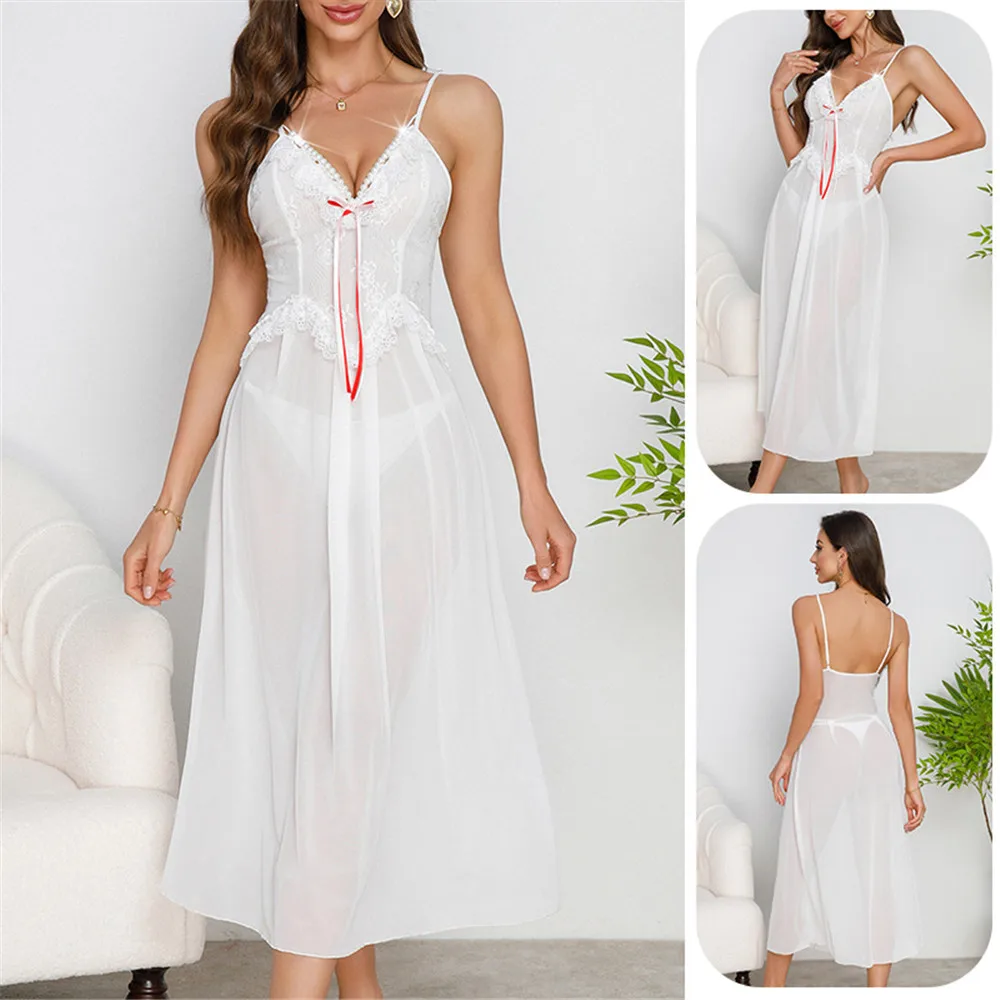 

Summer White Women Suspender Chiffon Nightgown Long Nightdress Loungewear Sexy Lace Nightie Home Wear
