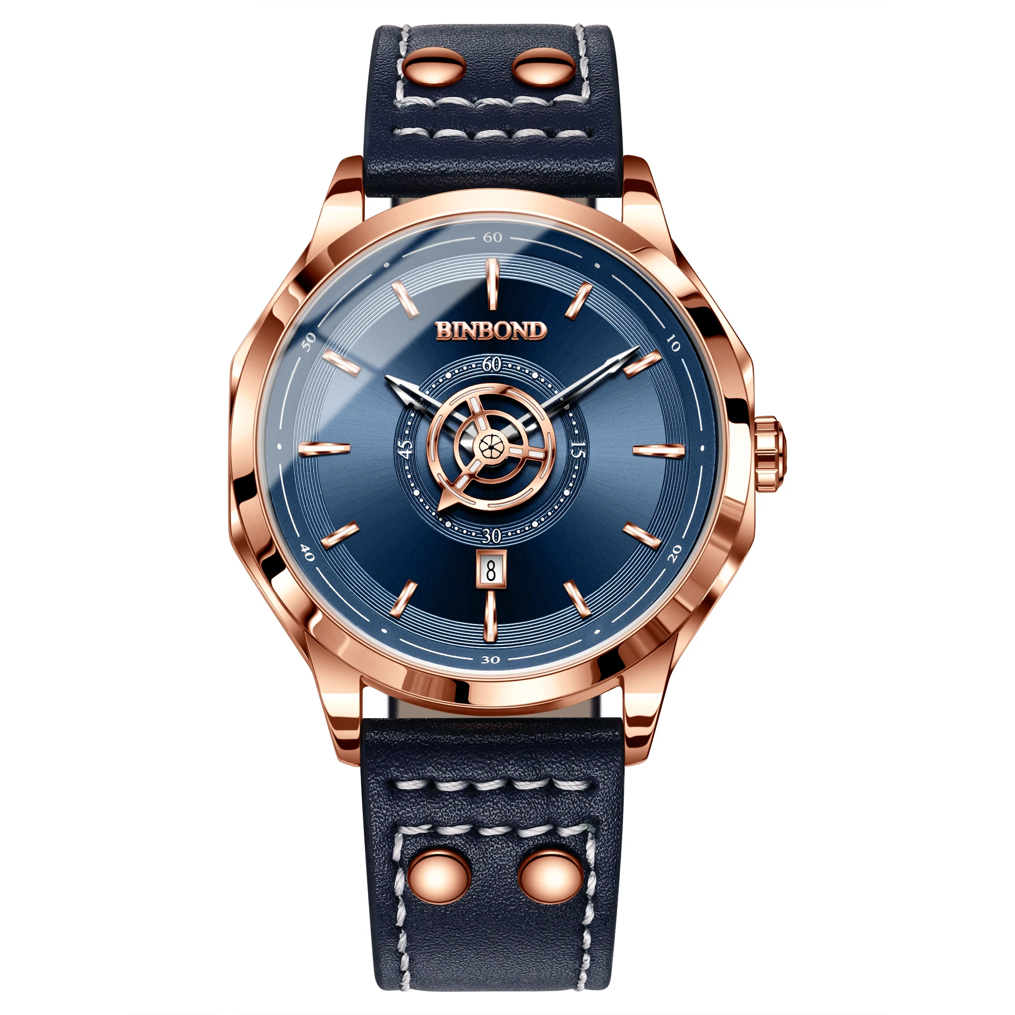 BINBOND Men Quartz Watch Light Luxury Business Casual Leather Strap Single Calendar Luminous Waterproof Male Wrist Watch