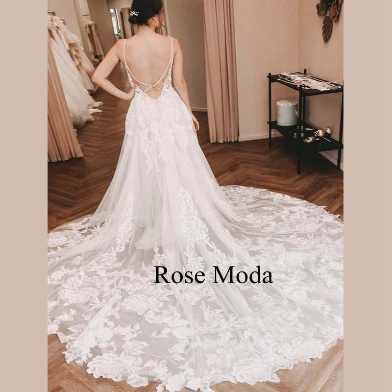 Rose Moda Backless Beaded Spaghetti Straps Illusion Deep V Neck Lace Wedding Dress with Long Train Custom Make