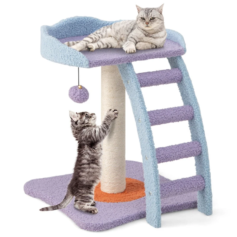 Durable Scratching Post Funny Activity Center Cat Toy 19 Inch Mohair Plush Cat Tree with Ladder and Jingling Ball